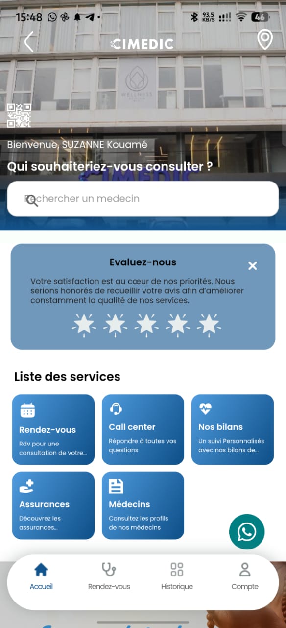 Écran d'accueil de l'application MyFARAH — CIMEDIC